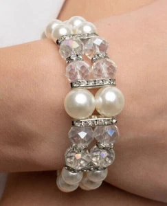PEARL AND CLEAR BEAD BRACELET- white -Stretch Bracelet - Picture 1 of 3