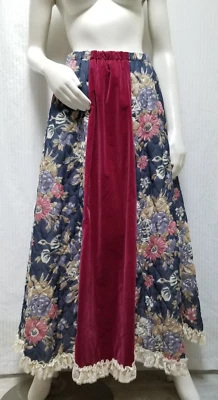 Maxi Falda Boho Hippy Vintage Años 70 Chessa Davis Azul Acolchada Rosa Terciopelo - Talla S Foto 1 de 4