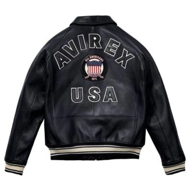 Men's Avirex Real Leather Flight Jacket - Black Bomber American Aviator Style - Image 1 of 4