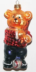 CHRISTMAS ORNAMENT BASEBALL TEDDY BEAR GLASS BAT BALL BLUE JEANS RADKO STYLE - Picture 1 of 1