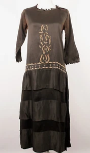 VTG Women's 20s Black Silk Embroidered Drop Waist Dress S/M 1920s 3/4 Sleeve - Picture 1 of 20