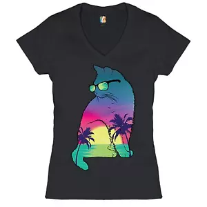 Neon Cat in Sunglasses Women's V-Neck T-shirt Tropic Kitten Summer Kitty Tee - Picture 1 of 41