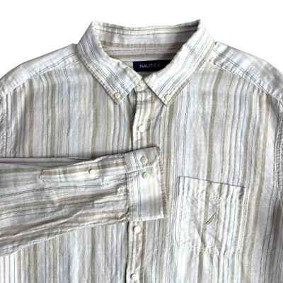Nautica Linen Button Up Shirt Mens Size XL Beige White Striped Coastal Preppy - Image 1 of 4