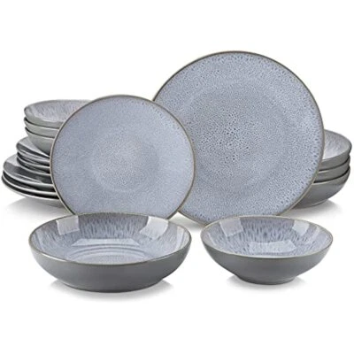 vancasso KARST Grey Dinnerware Set 16 Pcs Stoneware Plate Bowl Set Service for 4