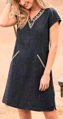 Vestido Garnet Hill 100 % lino bordado detalle bolsillo cuello en V para mujer talla 6 azul marino Foto 1 de 4