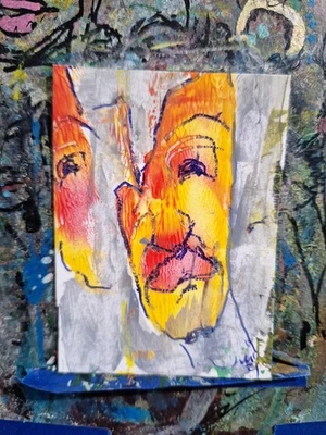 Abstract Face Acrylic and Pen  ATC OOAK ORIGINAL 3.5 x 2.5 in - Image 1 of 4