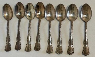 Lote X 8 cucharas de café antiguas BIRKS de plata esterlina maciza Luis XV - 80 gramos + Foto 1 de 4