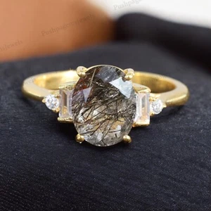 925 Sterling Silver 8x6 mm Oval Shape Natural Rutile Quartz Ring Cubic Zirconia - Picture 1 of 4