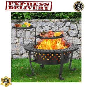 Outdoor Wood Burning Fire Pit With 2 Grills Backyard Patio Garden Round 36 Inch - Picture 1 of 9