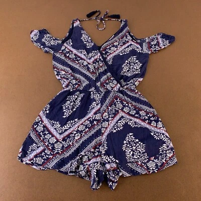 Maurices Women's Size Medium Navy Floral Cold Shoulder V Neck Open Back Romper - Image 1 of 4