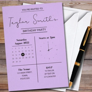 Minimal Uhr & Kalender Flieder Personalisiert Geburtstag Party Einladungen - Bild 1 von 1