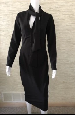 Jean Paul Gaultier Fuzzi Black Long Sleeve Deep V Tie Neck Sheath Dress, M - Image 1 of 4