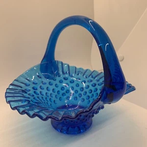 Fenton Colonial Blue Hobnail Glass Basket Candy Dish with Handle & Ruffled Rim - Picture 1 of 10