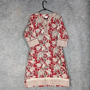 Anokhi Top Size Large Red Hand Block Print Floral Indian V Neck Relaxed Tunic - Picture 1 of 14