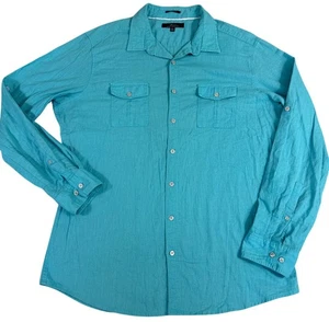 Marc Anthony Mens XL Slim Fit Teal Long Sleeve Linen Cotton Shirt Beach Travel - Picture 1 of 9