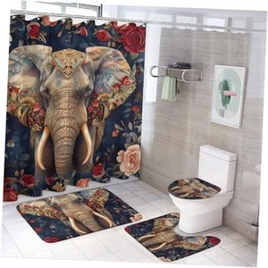 4Pcs Colorful Elephant Shower Curtain Sets, Bath Mat and Rugs, Abstract Floral - Picture 1 of 8