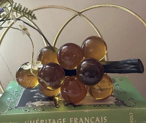 Vintage MCM Orange Amber Large Lucite Cluster Of Grapes On Driftwood - Picture 1 of 7