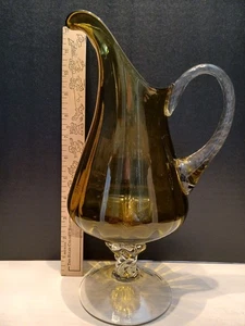 MCM Empoli Italy Green Blown Glass Pitcher Clear Twist Handle & Foot - Picture 1 of 7