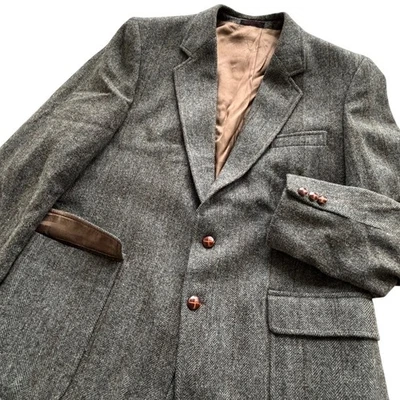 Английская усадьба твидовый блейзер 44R в полоску елочка серый коричневый мужской спортивное пальто - Изображение 1 из 4