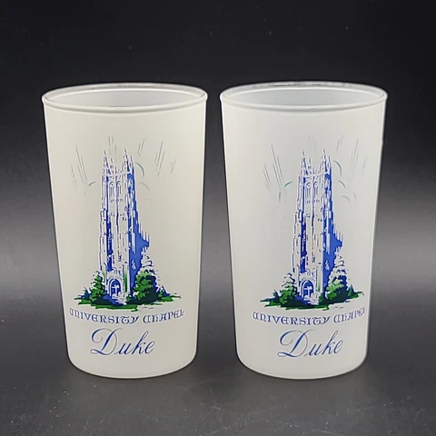 2 Duke University Chapel Vintage 1960’s MCM Frosted Beverage Tumbler Glasses Cover