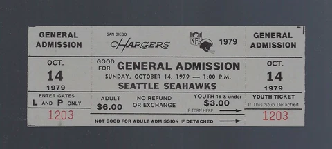 DAN FOUTS - VINTAGE 1979 SEATTLE SEAHAWKS @ SAN DIEGO CHARGERS FULL TICKET Cover