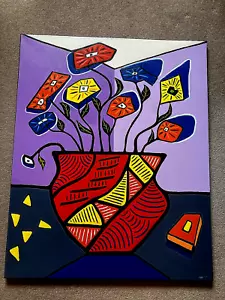 Abstract Vase of Stylised Flowers geometric patterns oil painting on canvas - Picture 1 of 6