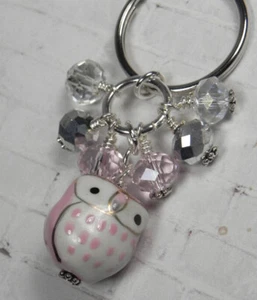 Pink Owl Cluster Keychain Ceramic Crystal Beaded Handmade Split Key Ring New - Picture 1 of 2