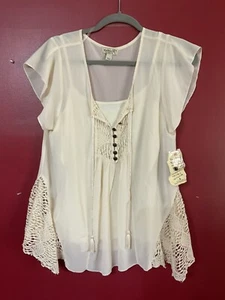 NWT Beautiful  One World Ivory cap  Sleeved W Lace Overlay Top w/ Knit Tank M - Picture 1 of 8