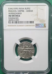 IE44 (1599) INDIA RUPEE MUGHAL EMPIRE - AKBAR AHMADABAD SILVER NGC AU DETAILS - Picture 1 of 2