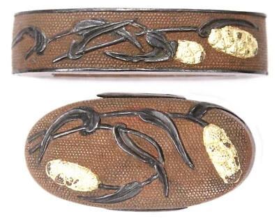 Antique Japanese Set Fuchi Kashira Soft Metal Gold Millet Red Copper Nanaco Old - Image 1 of 4