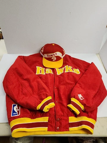 Vintage Atlanta Hawks Starter Satin Jacket Large & Mitchell & Ness Snapback Cap Cover