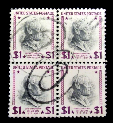 US Postage Stamp 1 Dollar Scott 832 Woodrow Wilson Fancy Cancel Block of 4 - Image 1 of 2