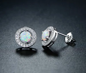 18K White Gold Plated Round Opal Stud Earrings With Halo CZ Accents By Peermont - Picture 1 of 2