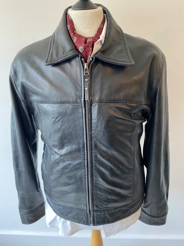 VINTAGE mens AviaTrix Black Leather Zip up Bomber Racing Jacket XL 44" - Image 1 of 4
