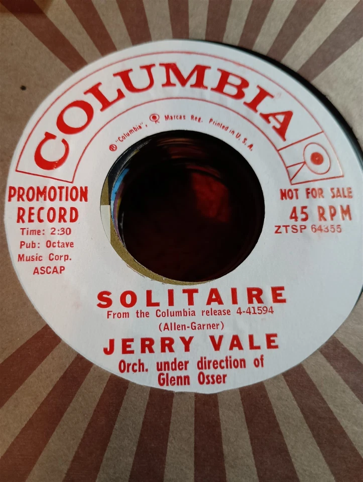 Jerry Vale, Solitaire / Erroll Garner, Solitaire ~ HTF 1960 Columbia wlp 45 +slv - Image 1 of 1