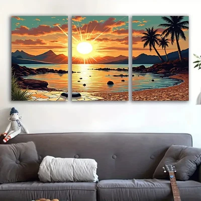 3pcs Beach Sunset Palm Trees Mountains Wall Art Canvas Unframed/Framed - Image 1 of 4