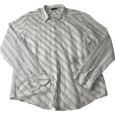 DKNY JEANS Dress Shirt Striped Embroidered Floral White Blue Mens 2XL - Image 1 of 4