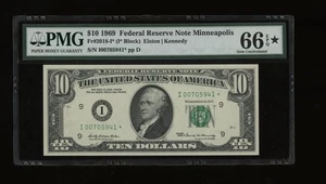 DBR 1969 $10 FRN Minneapolis Gem STAR Fr. 2018-I* PMG 66 EPQ* Serial I00705941* - Picture 1 of 2