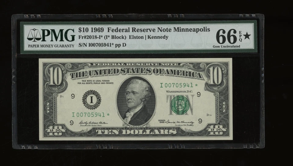 DBR 1969 $10 FRN Minneapolis Gem STAR Fr. 2018-I* PMG 66 EPQ* Serial I00705941* - Image 1 of 2