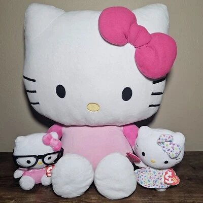 3 Hello Kitty Stuffed Animal Toys Ty Sanrio & Fiesta Girls White Plush Cat Lot - Image 1 of 4