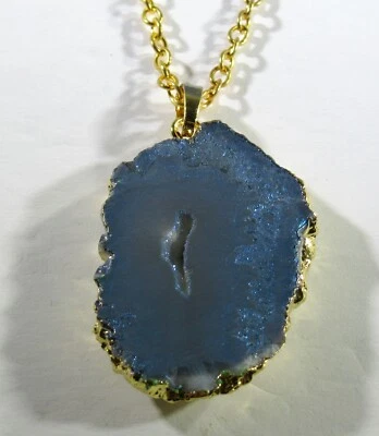 Blue Druzy Quartz Crystal Gemstone Pendant Gold-Plated Natural Stone Necklace - Image 1 of 4