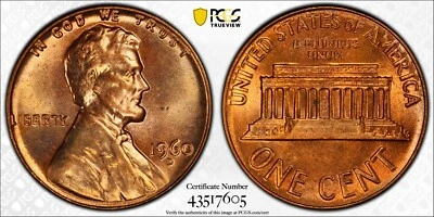 1960-D Lincoln Cent Large Date Minor Die Chip PCGS MS-64 RD Cracked Skull - Image 1 of 4