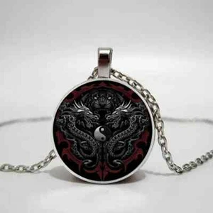 Lucky New Year Yin Yang Dragon Pendant Chinese Eight Diagrams Silver Necklace - Picture 1 of 2