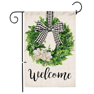 Spring Wreath Welcome Garden Flag, Buffalo Check Plaid Yard Flag Double Sided - Picture 1 of 8