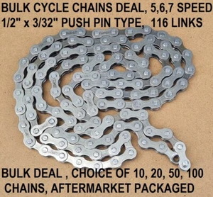 BULK DEALS 5,6,7 SPEED CYCLE CHAINS, 1/2" X 3/32", 116 LINKS, 10,20,50,100 CHAIN - Picture 1 of 14
