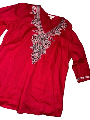 Charter Club 豪华女式 100% 亚麻衬衫尺寸 1X 红色亮片上衣圣诞节 — 第 1/4 张图片