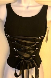 GK JAZZ DANCE ADULT SMALL BLACK TOP RIBBON CRISSCROSS METAL RINGS TANK TOP AS - Picture 1 of 7