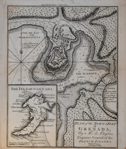 WEST INDIES - PLAN & TOWN OF GRENADA BY CAYLUS. FOR THE LONDON MAGAINE, 1762.. - Picture 1 of 1
