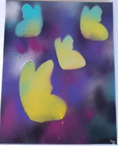 Painting of Yellow Butterflies in Pink and Purple Flowers on Canvas 14x11 Inches - Picture 1 of 12