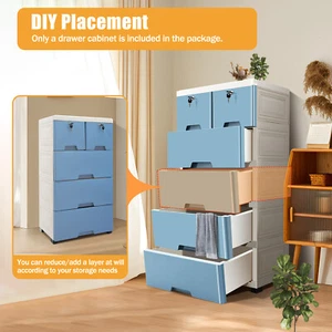 6 Drawers Dresser Plastic Storage Cabinet W/ Lock Closet Organizer 4 wheels Blue - Picture 1 of 23